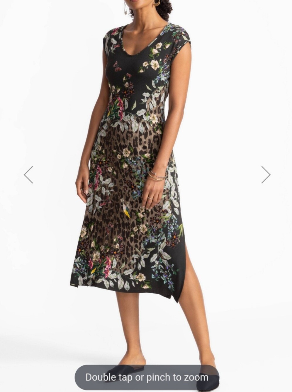 Johnny Was Janie Black Floral Leopard V-Neck Midi Shift Tank Dress Womens Size L